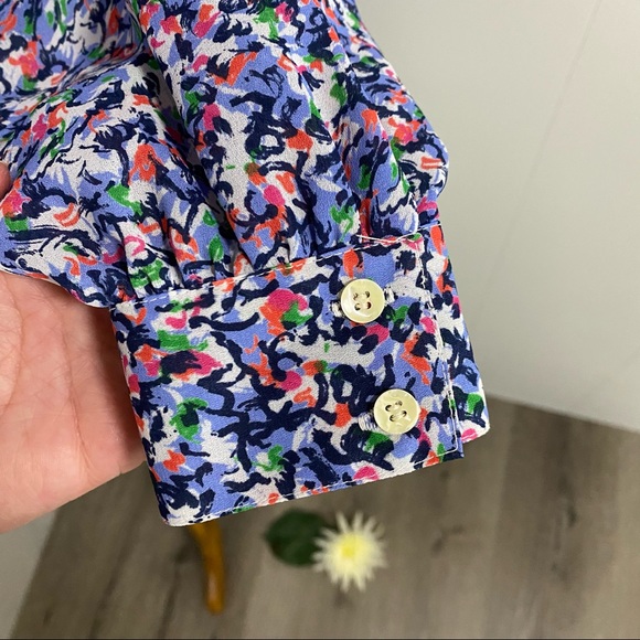 Vintage 80’s Blue Multi-Print Pleated Peplum Button-Up Blouse with Lace Collar - Picture 4 of 13